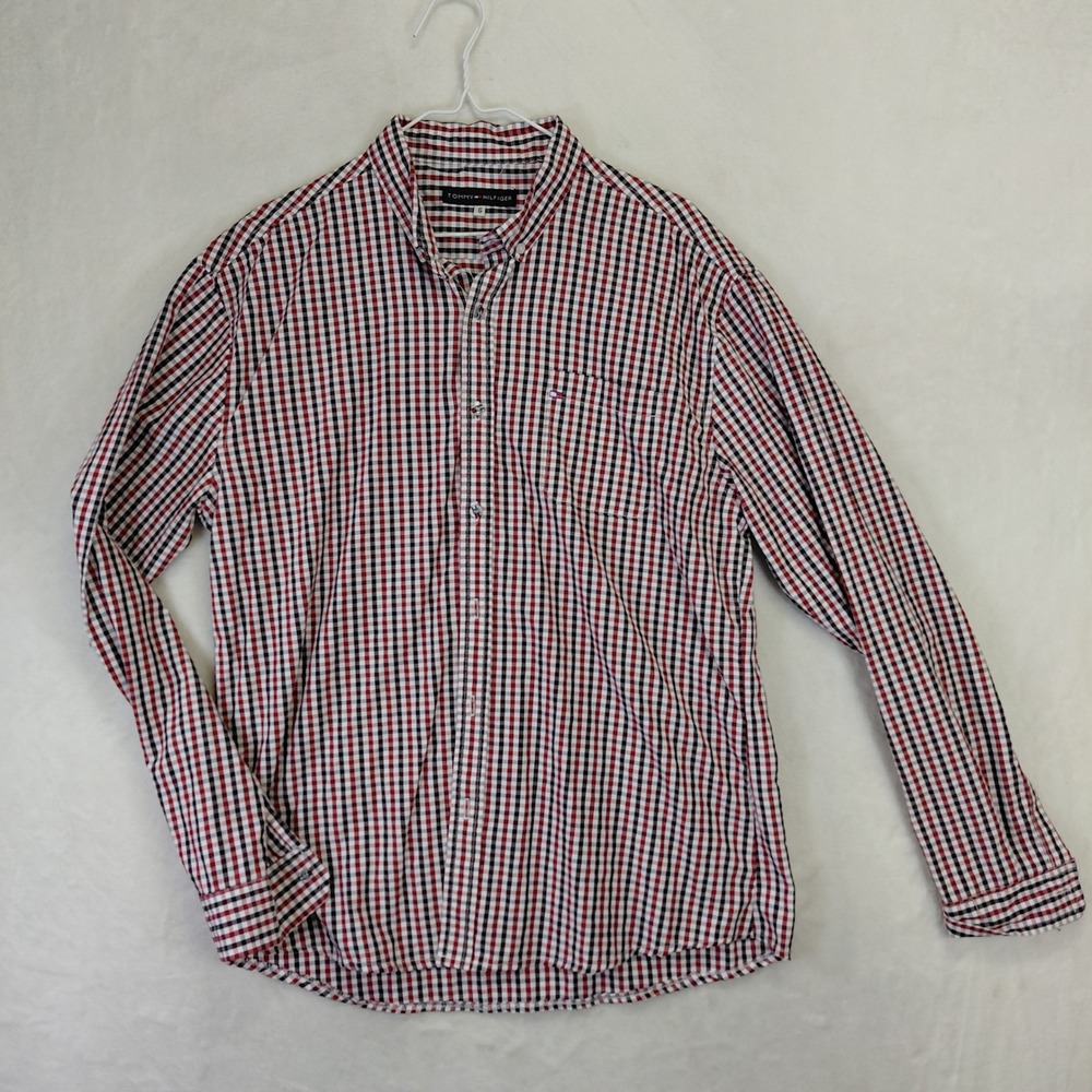 Tommy Hilfiger Mens Large Gingham Button Down Shirt Red White Navy Blue Check